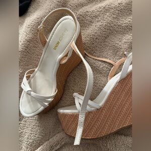 Fashion Nova Cream and Tan Wedge Sandals